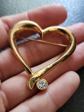 Gold Heart Pin Brooch with Clear Crystal Accent